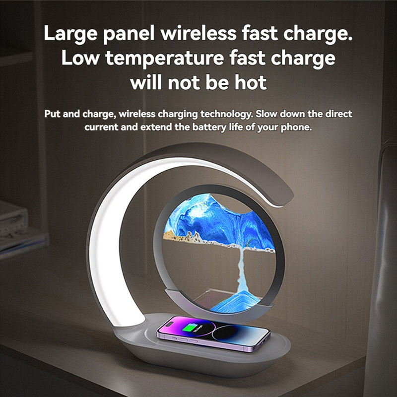 3-in-1 Bedside LED Lamp with Wireless Charger – 3D Moving Sand Art Picture Light, Eye-Caring Desk Lamp with 3 Color Modes for Bedroom, Kids, Dorm, Office & Home Decor