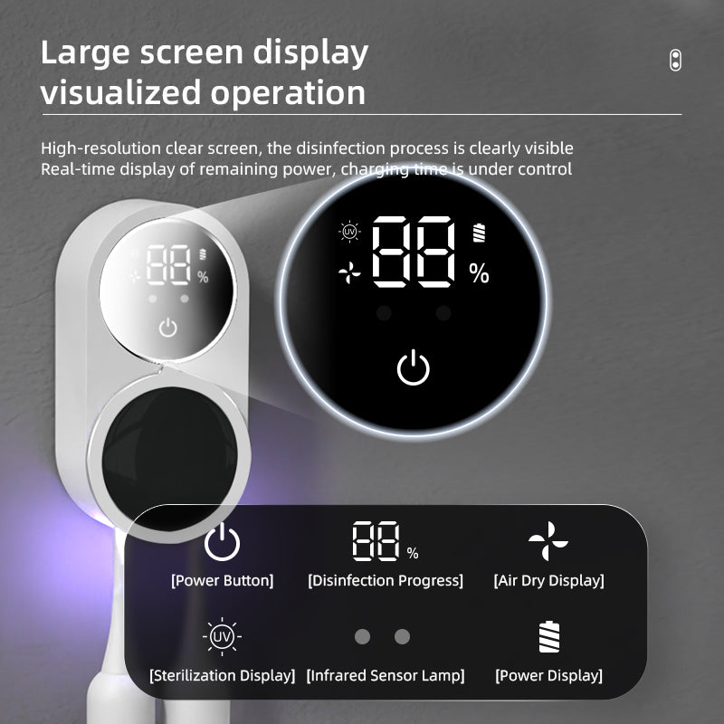 Oriday Toothbrush Cleaner, UV-C Cleaning and Air Drying, LED Smart Screen, Rechargeable Wall Mount Toothbrush Holder, White