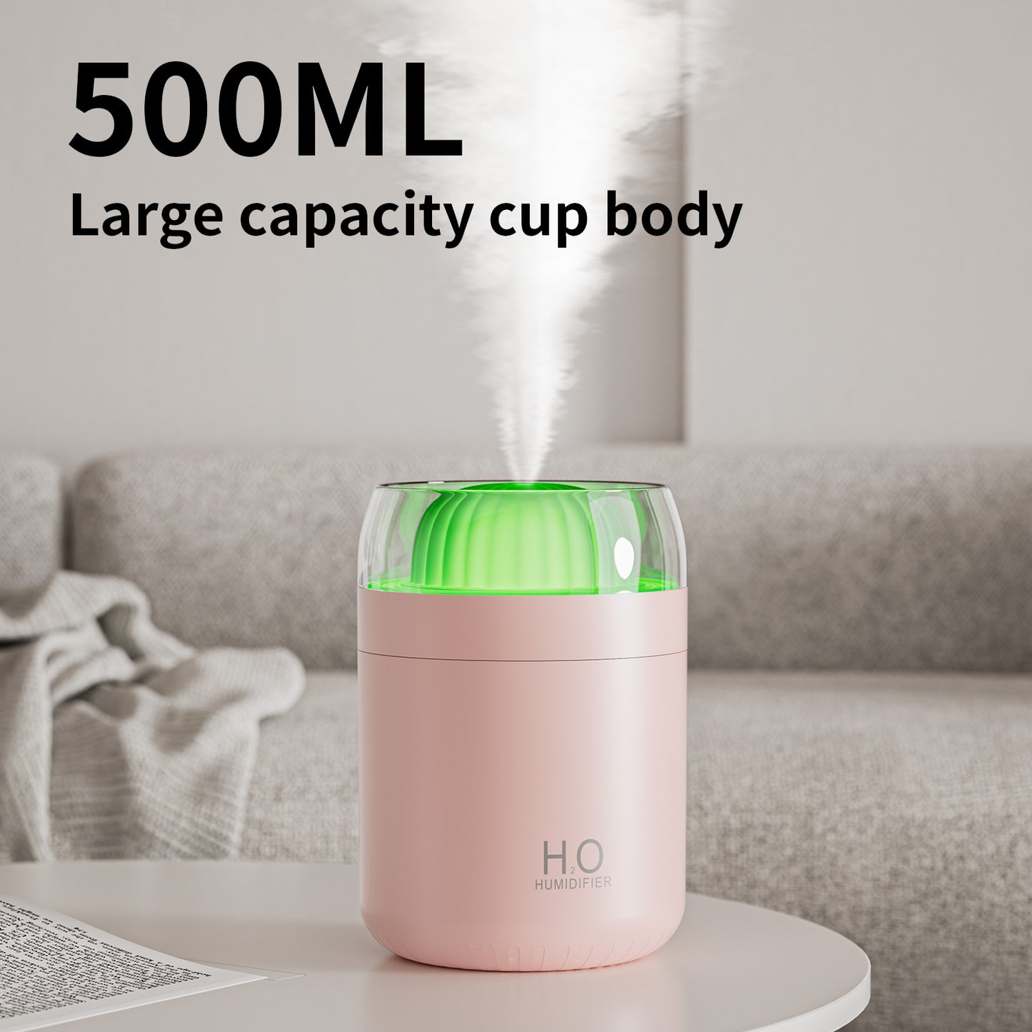 Portable Mini Humidifier, Colorful, Cool Mist, USB Powered. Perfect for Bedroom, Office & Car (500ml, White/Pink)