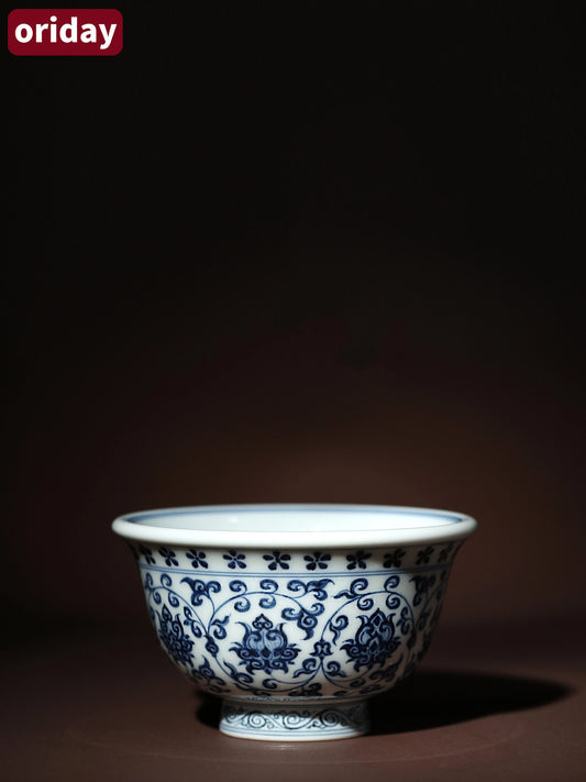 Oriday Blue and White Press Cup, hand drawn antique blue and white porcelain, thickened ceramic, entwined lotus master cup