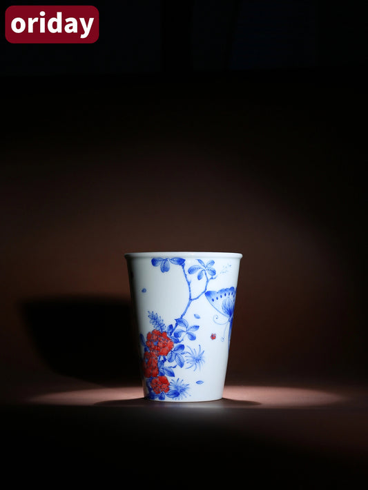 Oriday hand drawn blue and white glazed butterfly love flower red cola cup fragrance cup Kung Fu ceramic tea tasting host single cup teacup utensil bowl