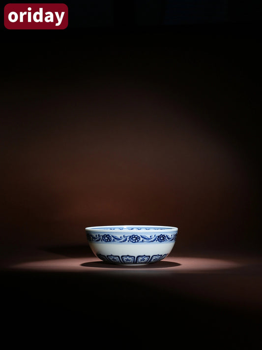 Oriday hand drawn blue and white Baoxiang patterned Pu erh cup, lying foot cup, single cup, retro ceramic tea cup, for personal use, master cup, gift giving