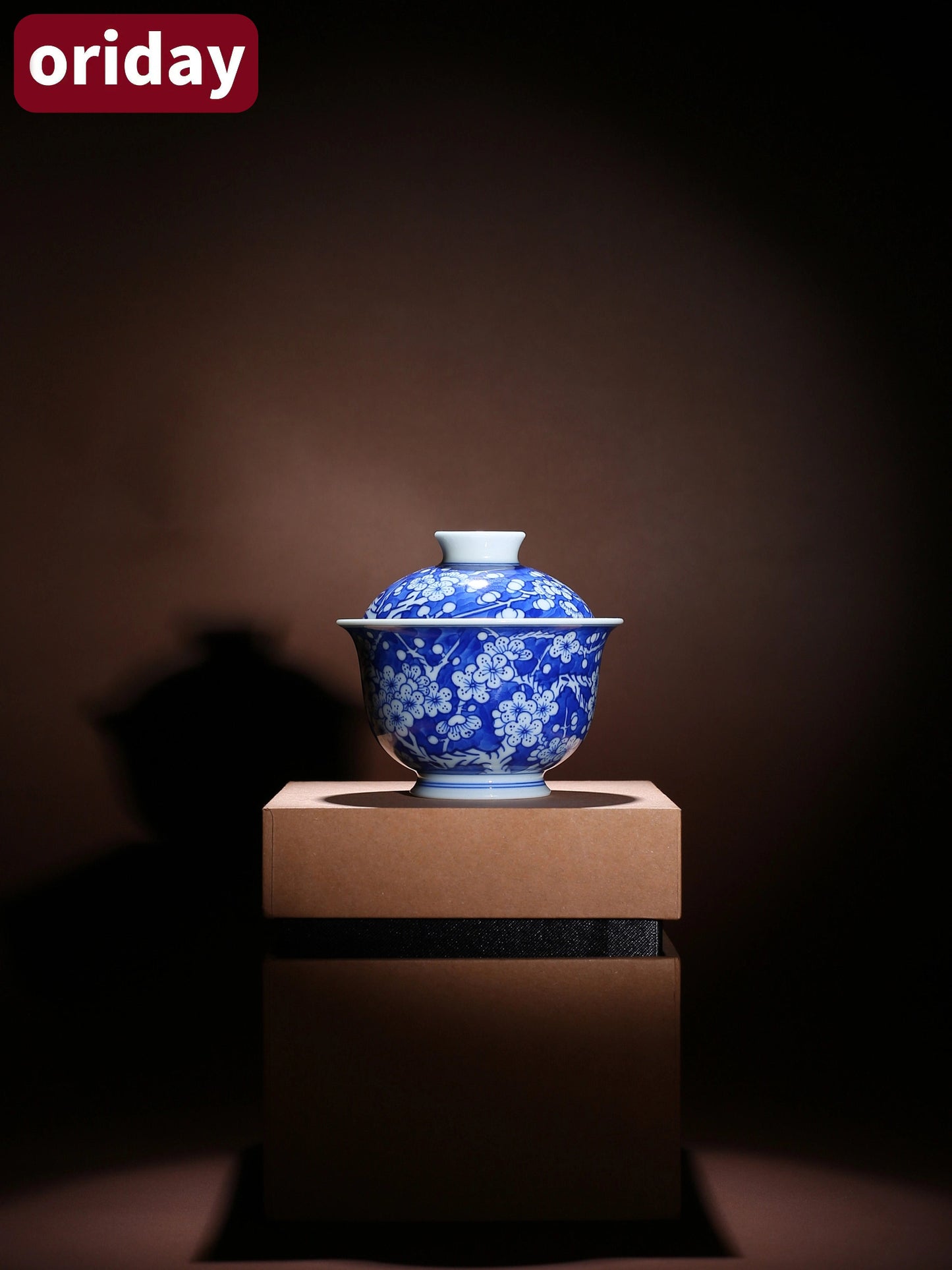 Oriday blue and white ice plum hand-painted full-color covered bowl tea cup antique ceramic handmade tea set single household anti scald tea bowl