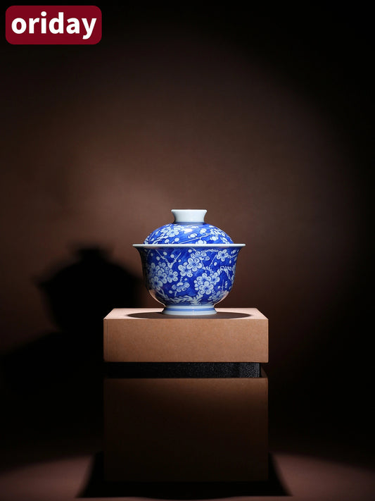 Oriday blue and white ice plum hand-painted full-color covered bowl tea cup antique ceramic handmade tea set single household anti scald tea bowl