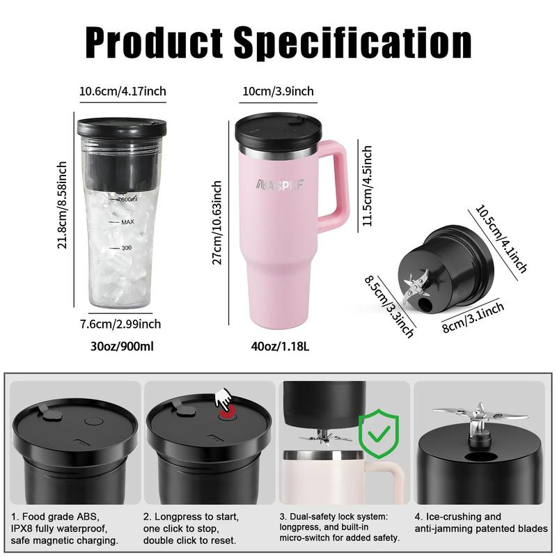 Oriday Portable Blender Bottles, Personal Mini Blender for shakes and smoothies, Cordless, 40oz. Type-C Rechargeable, Leakproof Lid