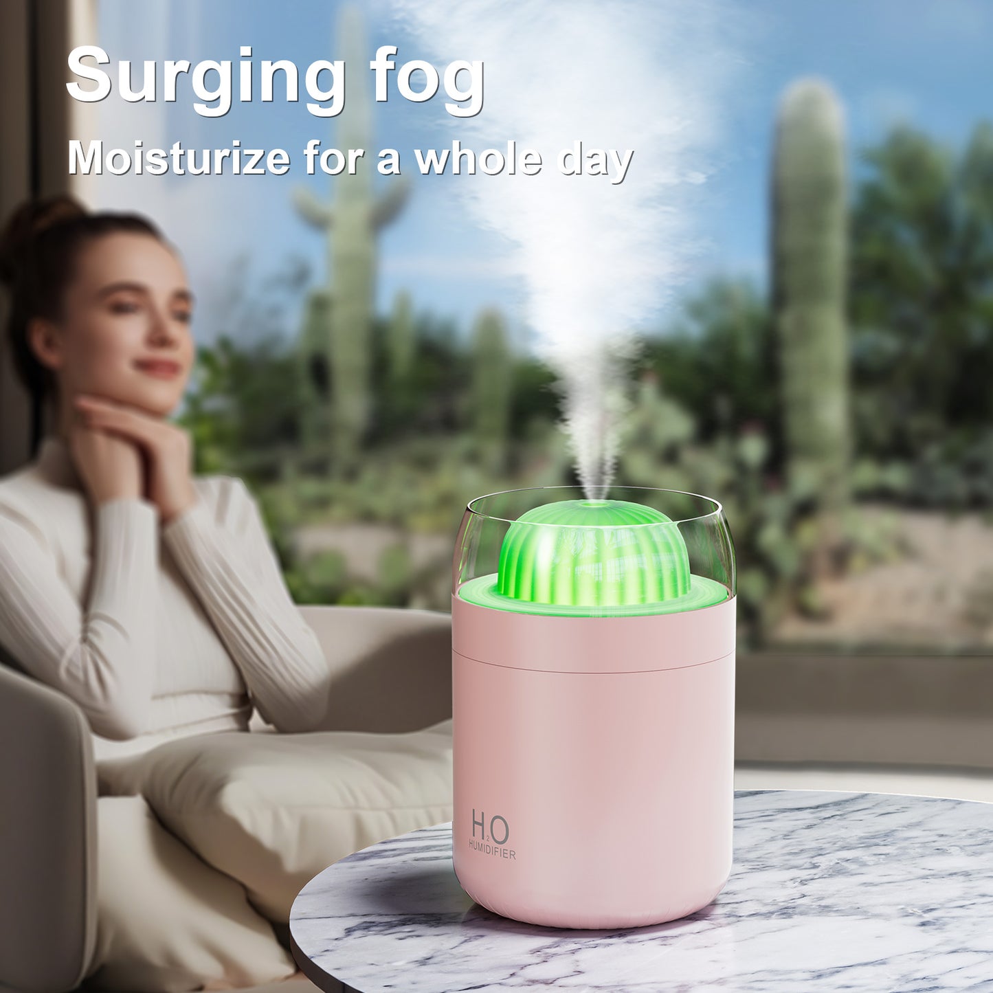 Portable Mini Humidifier, Colorful, Cool Mist, USB Powered. Perfect for Bedroom, Office & Car (500ml, White/Pink)